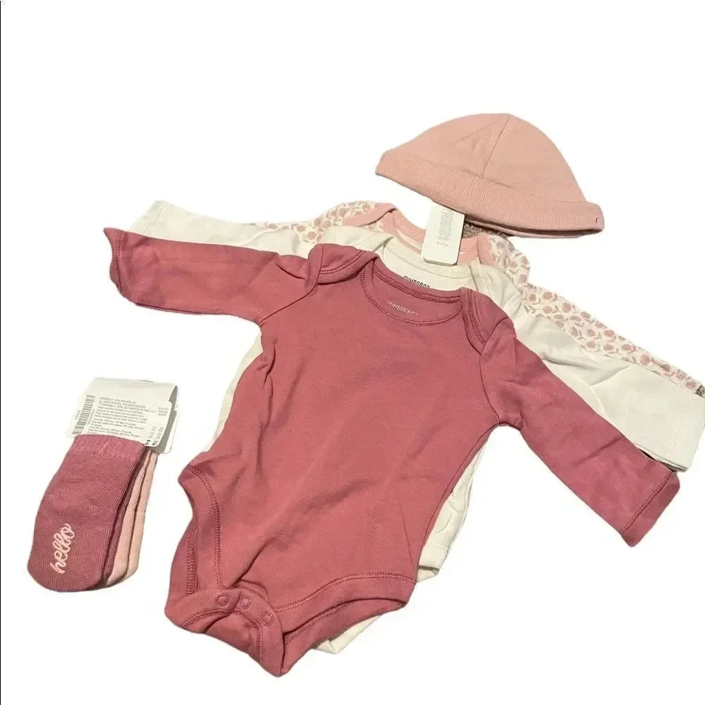 Gymboree Newborn Baby Pink Body Suits, Baby Hat, Socks Bundle